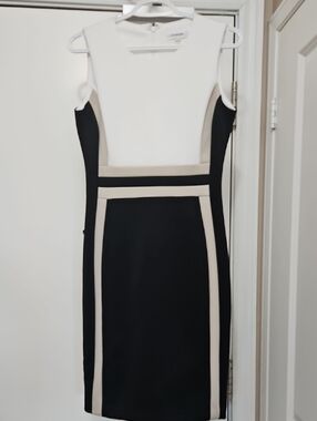 Calvin Klein White, Black & Tan Colorblock Midi Sheath Dress